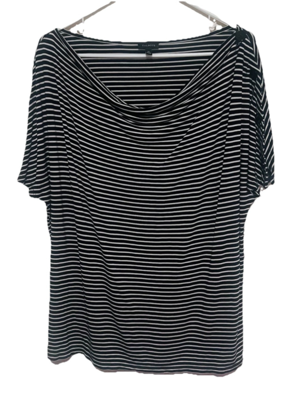 Talbots Striped Top Women’s XL Black White Drape Neck Button Shoulder Shirt